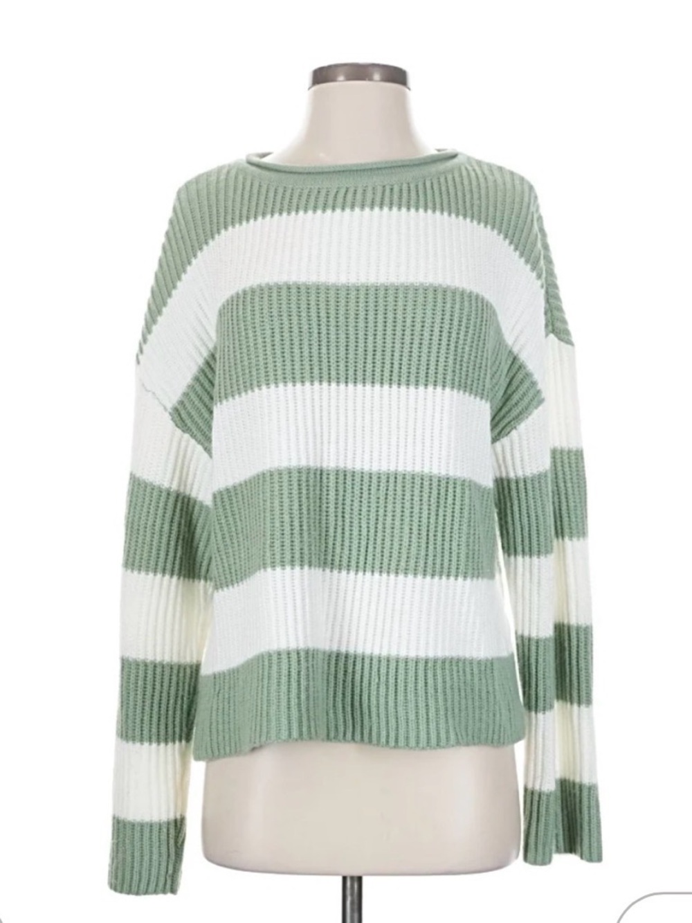 💗 Zesica- Striped Sage and White Crewneck Sweater - Classic Knit- Size Medium